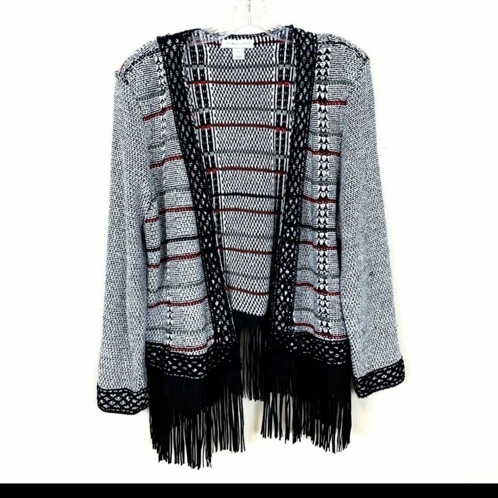 christopher & banks, open front fringe black & white cardigan sweater, XL - Picture 3 of 16